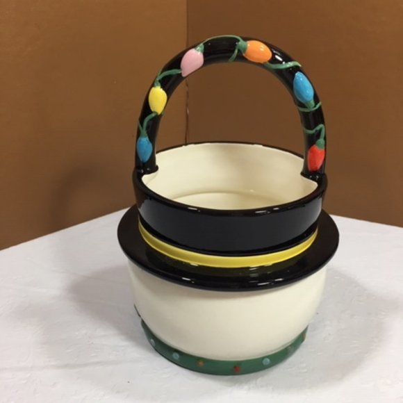 Snowman Cermaic Decorative Painted Basket Bowl w/ Handle 8"x5.5" - Picture 2 of 6